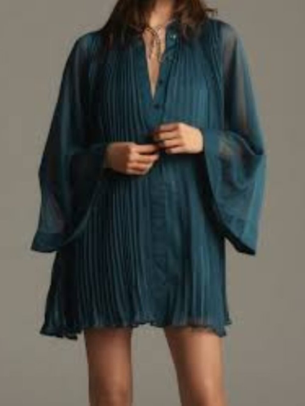 Anthropologie | Maeve Long-Sleeve Pleated Mini Shirt Dress Green Teal S NWT